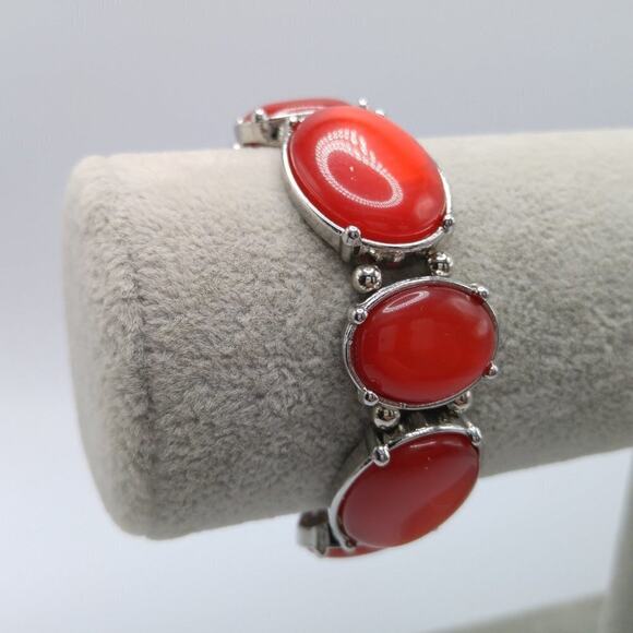 Red Lucite Cabochon Stretch Bracelet, Silver Tone, 7 Inches - Picture 9 of 9